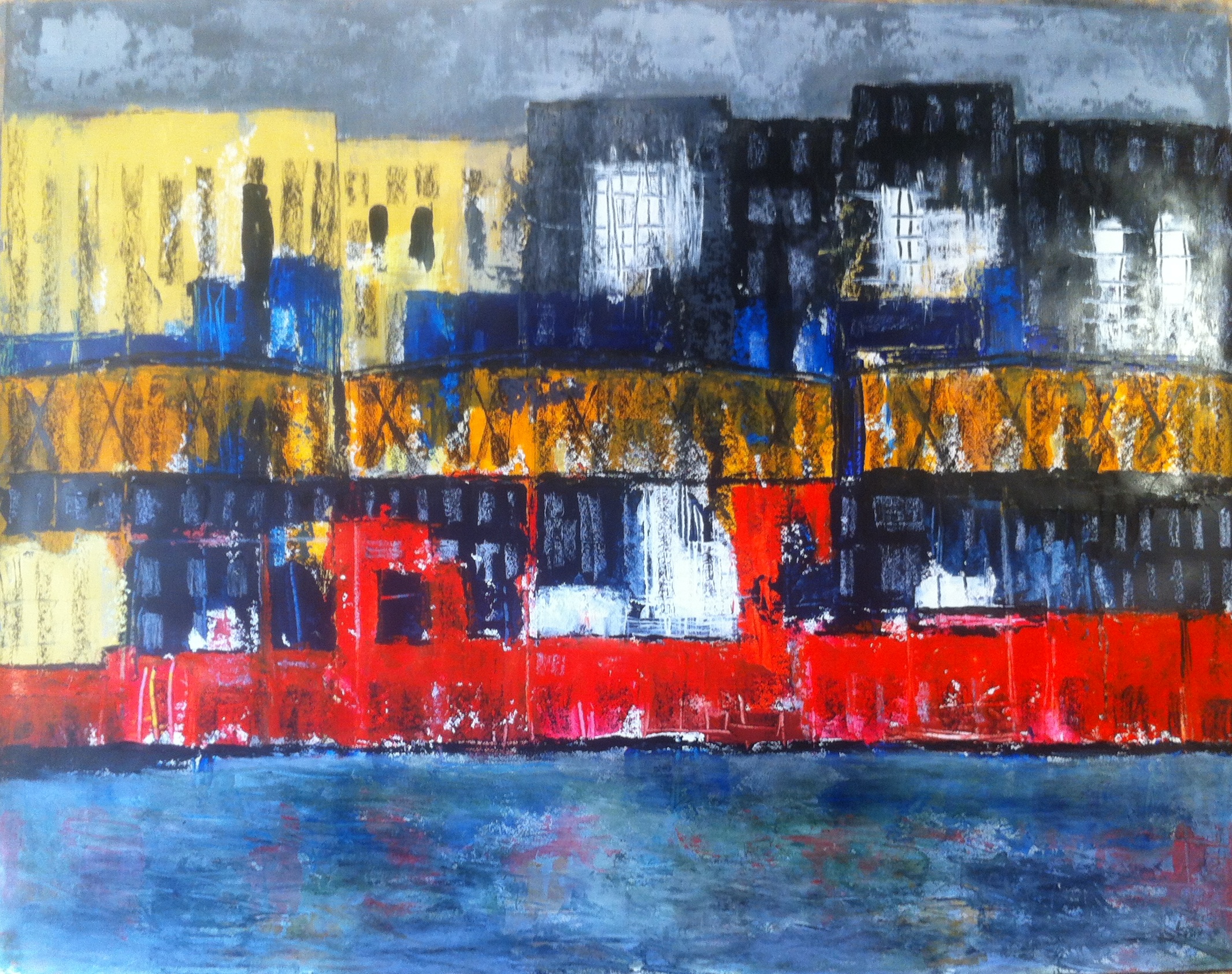 N°1519 - Paysage urbain avec barge et métro aérien- Acrylique et pastel sur papier - 100 x 130 cm - 23 septembre 2014